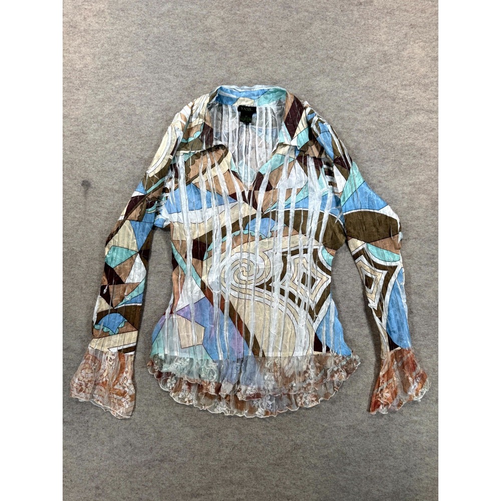 YASB Blouse Top Womens Medium Multicolor Abstract Geometric Print Lace Trim
